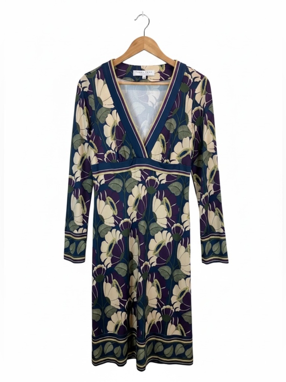 Trina Turk Silk Floral V Neck Empire Waist Dress Boho Chic Sz 12 Retro Boho
